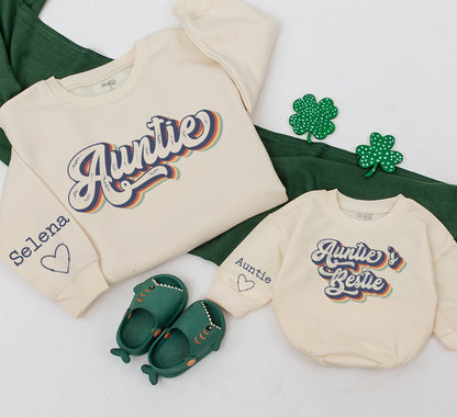 Personalized Auntie & Auntie's Bestie Matching Retro Sweatshirt Romper Set, Names & Heart Sleeves, Blue Tan Red Yellow Striped Cursive Design for Newborns Toddlers Thoughtful Gift