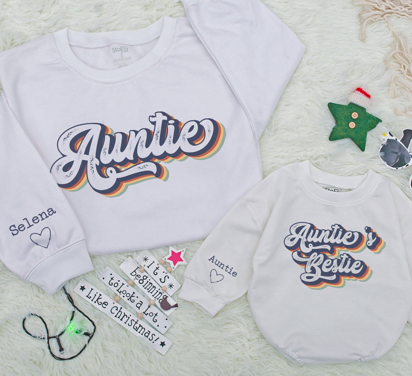 Personalized Auntie & Auntie's Bestie Matching Retro Sweatshirt Romper Set, Names & Heart Sleeves, Blue Tan Red Yellow Striped Cursive Design for Newborns Toddlers Thoughtful Gift