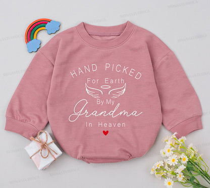 Hand Picked For Earth By My Grandma In Heaven Baby Romper, Touching Memorial Infant Outfit Baby Shower Gift Newborn Announcement Bodysuit Coming Home Clothes