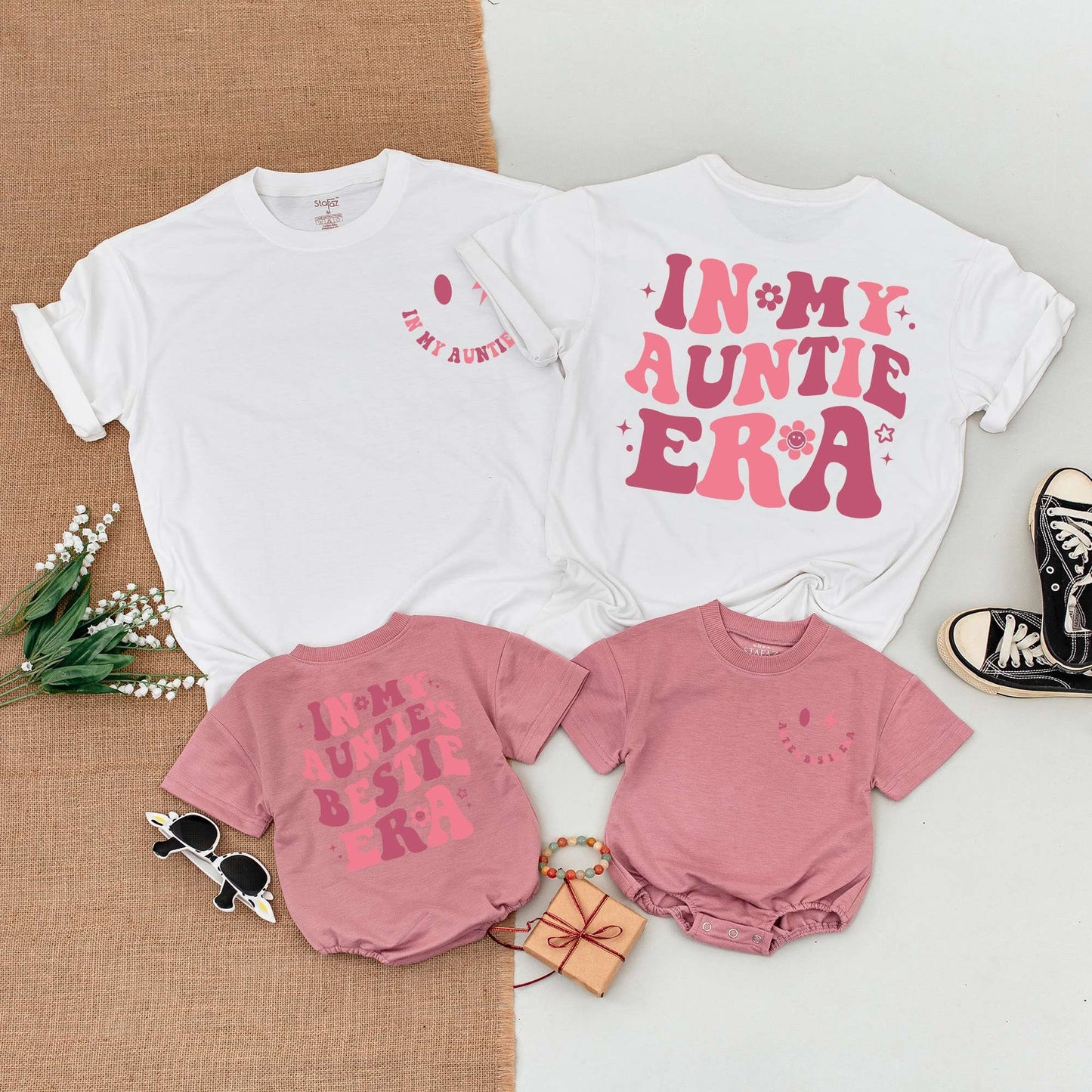 In My Auntie Era Matching Outfit for Auntie and Niece, Cool Aunt Shirt & Newborn Girl Romper Set, Retro Boho Vintage Style Baby Shower Gift