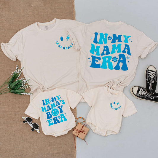 In My Mama's Boy Era Matching Outfit Retro Blue Floral Star Smiley Baby Shower Gift Newborn Mama and Son Romper Tee