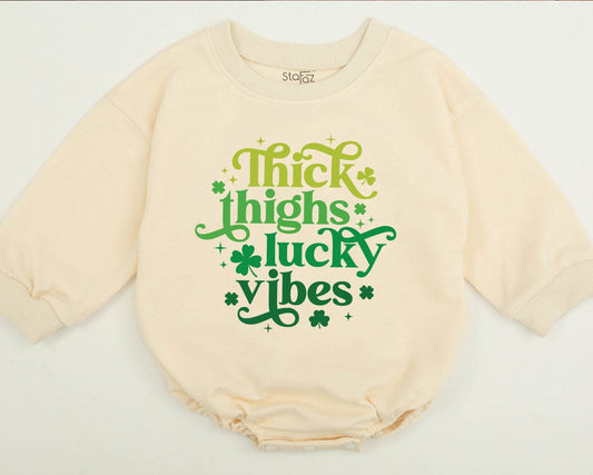 Lucky Vibes Romper & Shamrock Sweatshirt Matching Mama Mini St. Patrick's Day Outfit Thick Thighs Baby Gift