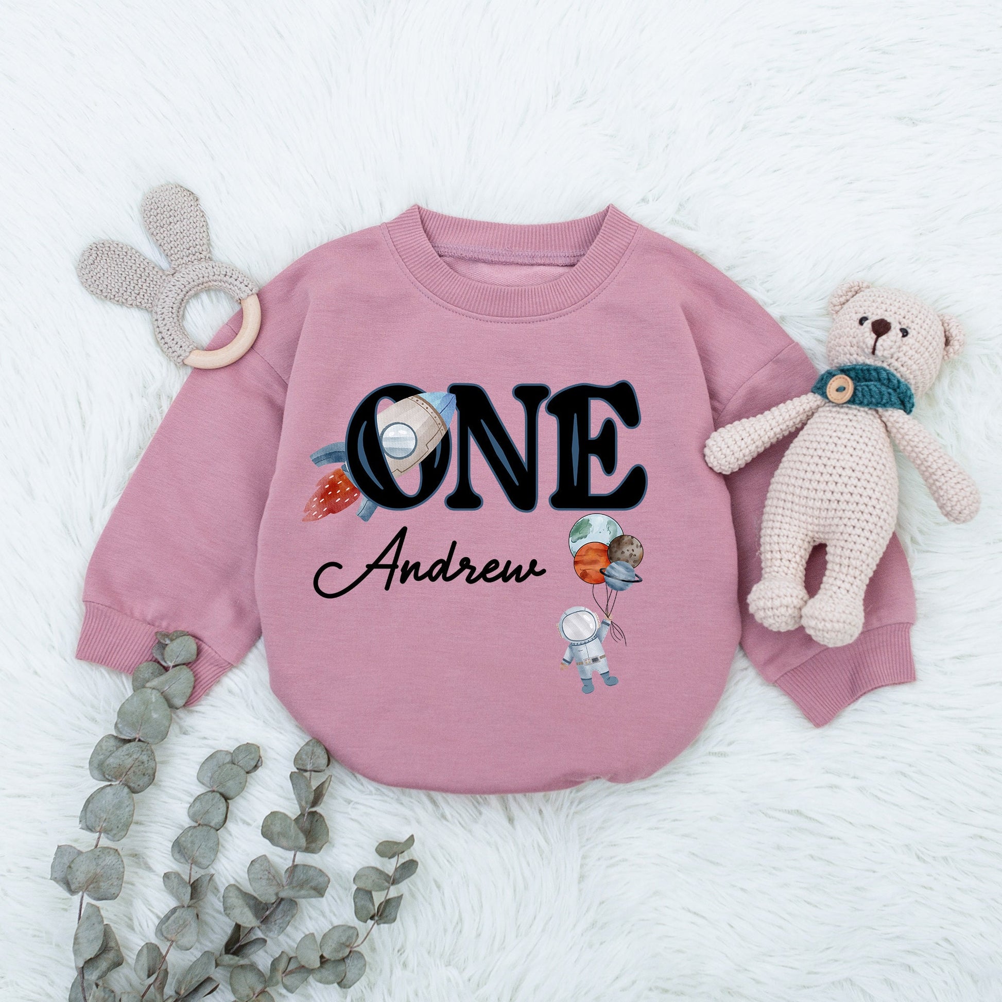 Personalized Space First Birthday Bubble Romper Sweatshirt with Andrew's Name Rocket ONE Astronaut Design for Baby Boy's First Trip Around The Sun