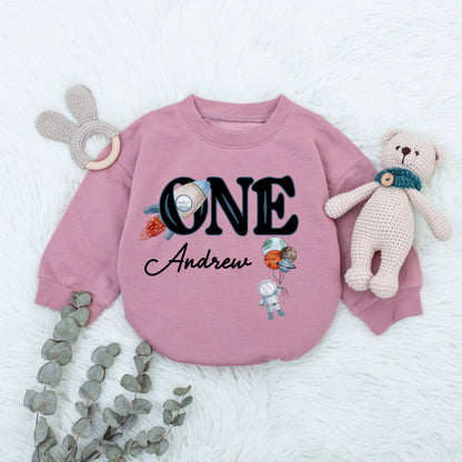 Personalized Space First Birthday Bubble Romper Sweatshirt with Andrew's Name Rocket ONE Astronaut Design for Baby Boy's First Trip Around The Sun