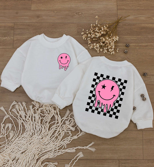 Smiley Face Girl Baby Romper Retro Checkered Sweatshirt Cute Kid Outfit Baby Shower Gift Newborn Clothes
