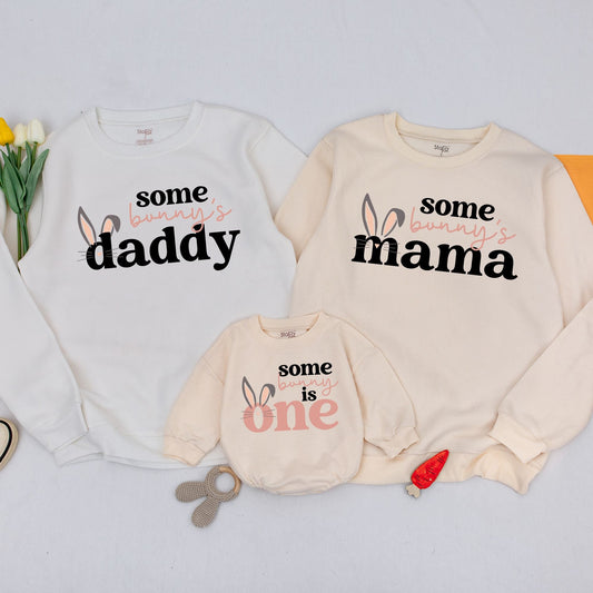 Bunny 1st Birthday Matching Family Sweatshirt Some Bunny Is One Floral Bunny Birthday Mommy and Me Outfit Cotton Comfort