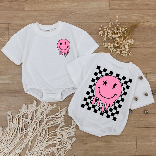 Smiley Face Pink Baby Romper Cute Retro Checkered Toddler Outfit Soft Cotton Baby Shower Gift Newborn Clothes