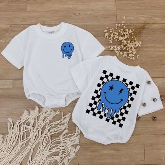 Melting Blue Smiley Face Romper Cute Baby Outfit Happy Face Bodysuit Star Eyes Retro Baby Shower Gift Newborn Clothes