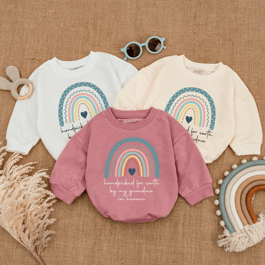 Hand Picked for Earth by Grandma in Heaven Rainbow Baby Romper Shower Gift Custom Name Newborn Clothes Angel Memorial