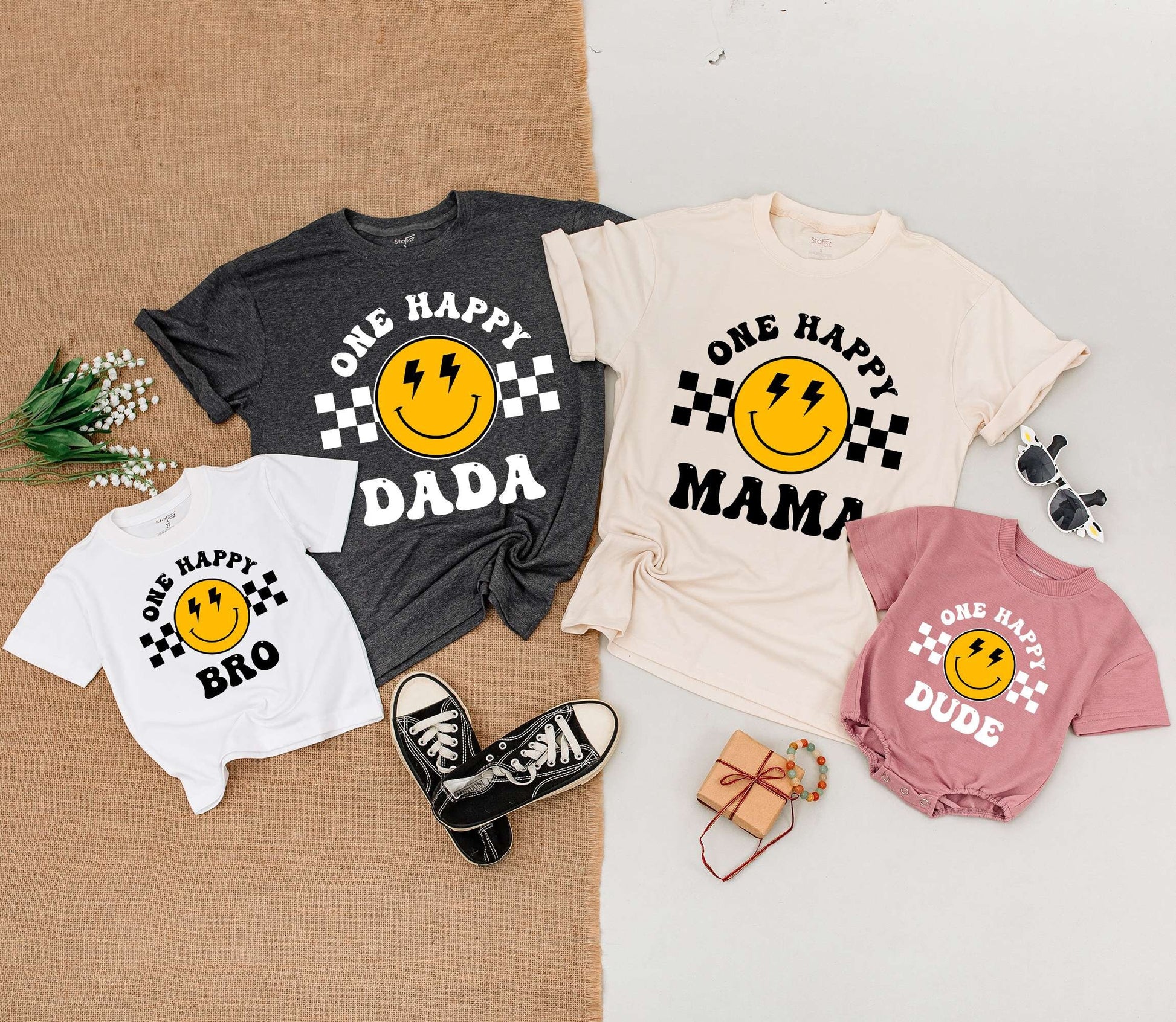 One Happy Dude Birthday Outfit! Retro Smiley Face Tee for Baby Boy's First Birthday Party, Matching Family Shirts, Bolt Eyes, Yellow & Black 1st Bday Gift