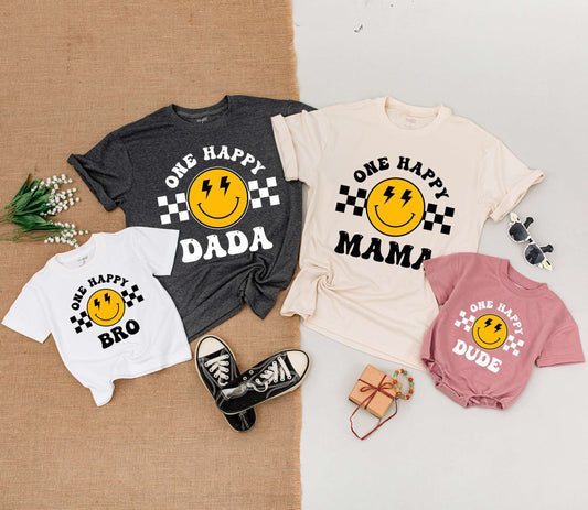 One Happy Dude Birthday Outfit! Retro Smiley Face Tee for Baby Boy's First Birthday Party, Matching Family Shirts, Bolt Eyes, Yellow & Black 1st Bday Gift