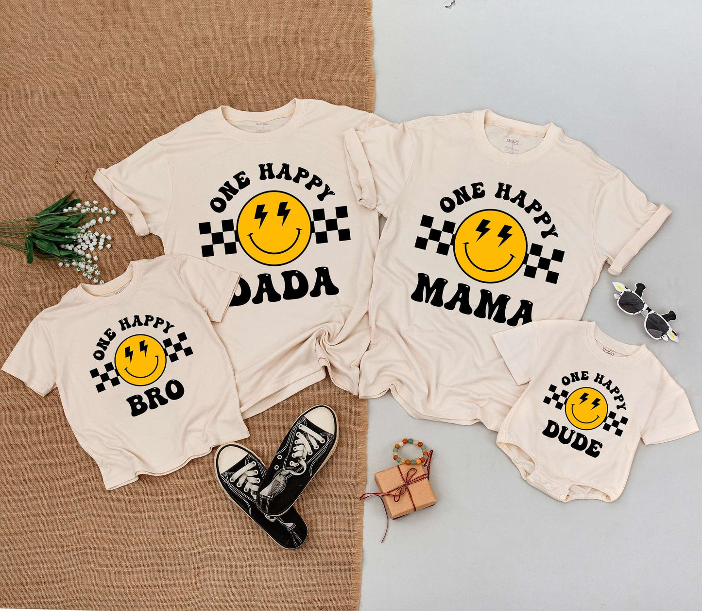 One Happy Dude Birthday Outfit! Retro Smiley Face Tee for Baby Boy's First Birthday Party, Matching Family Shirts, Bolt Eyes, Yellow & Black 1st Bday Gift