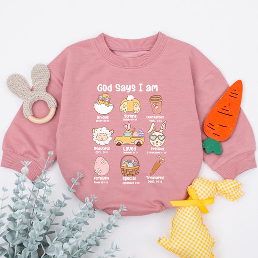 Easter Affirmation Baby Romper: "Unique, Strong, Beautiful" Pastel Cartoon Bunny Sleepsuit, Religious Easter Gift, Baby Shower Gift (139 chars)
