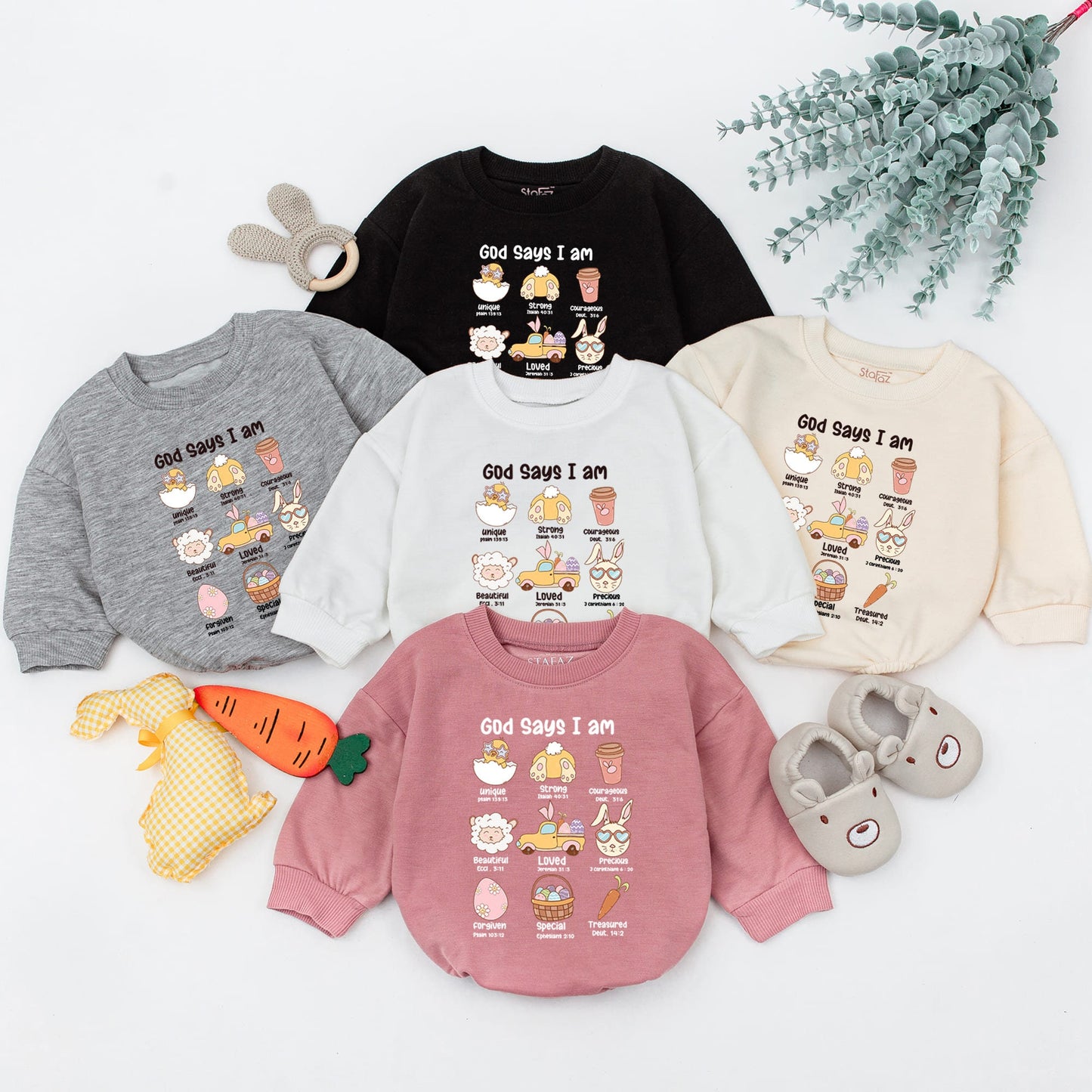 Easter Affirmation Baby Romper: "Unique, Strong, Beautiful" Pastel Cartoon Bunny Sleepsuit, Religious Easter Gift, Baby Shower Gift (139 chars)