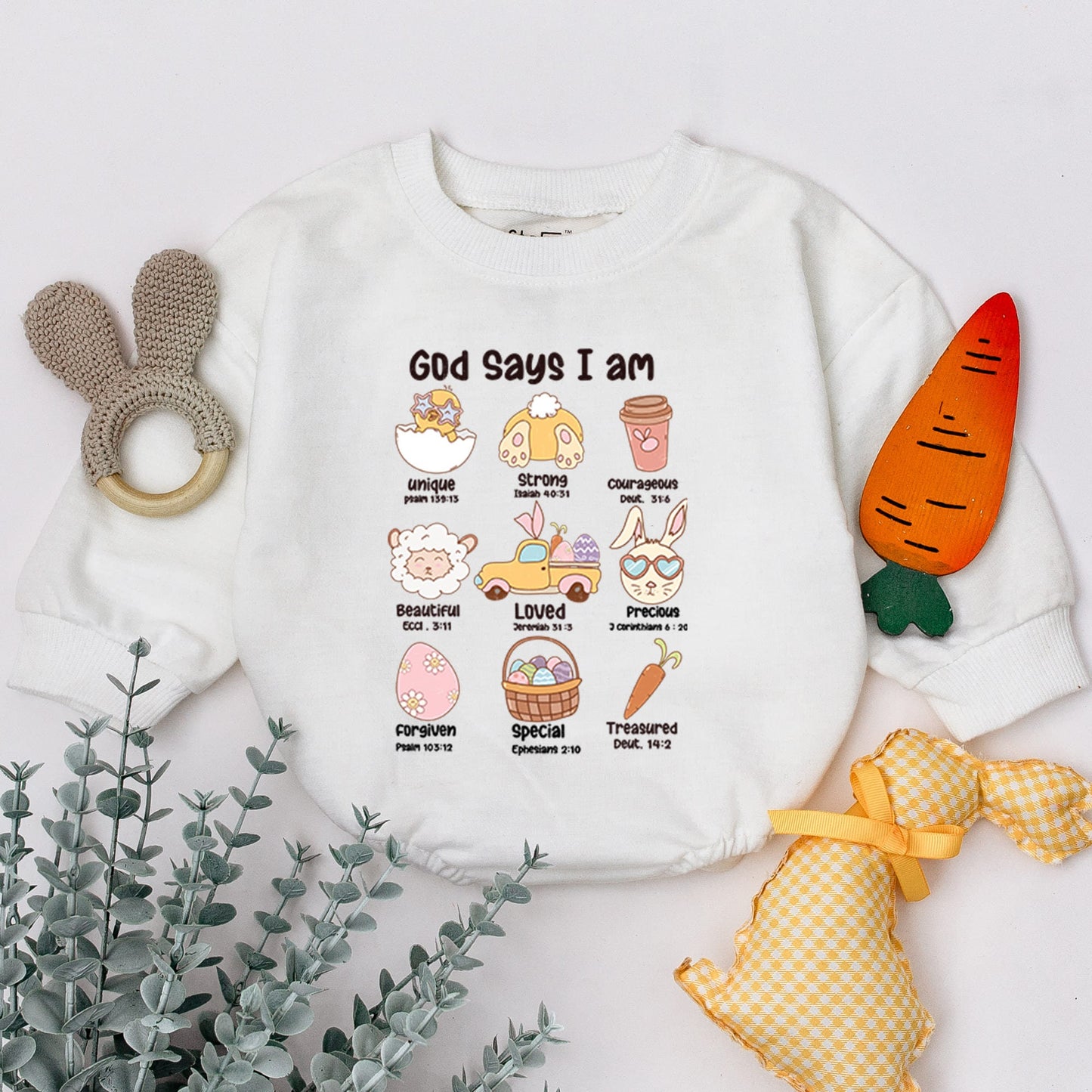 Easter Affirmation Baby Romper: "Unique, Strong, Beautiful" Pastel Cartoon Bunny Sleepsuit, Religious Easter Gift, Baby Shower Gift (139 chars)