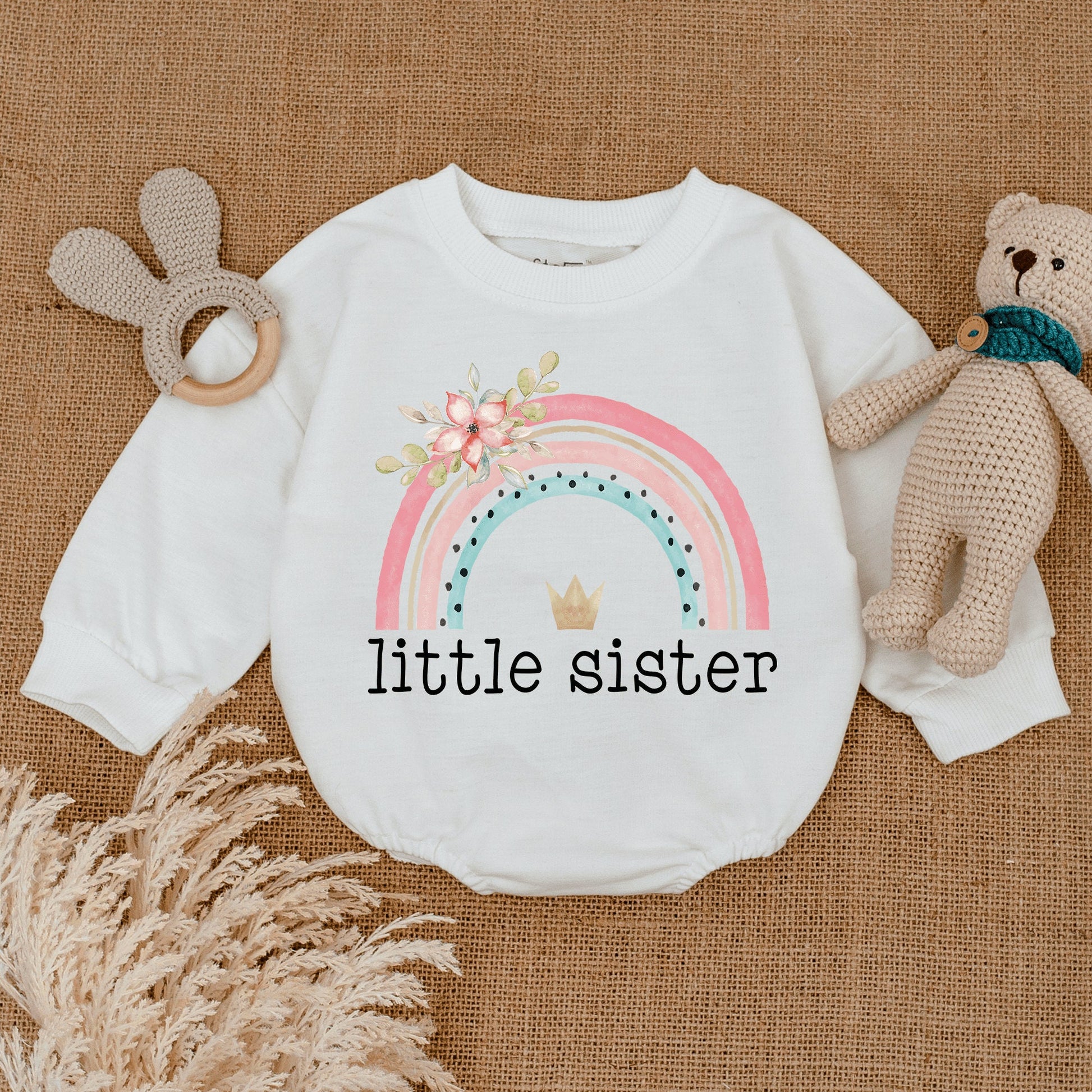 Sweet Little Sister Baby Bodysuit Rainbow Design Infant Romper Pregnancy Reveal Sister Gift Coming Home Outfit