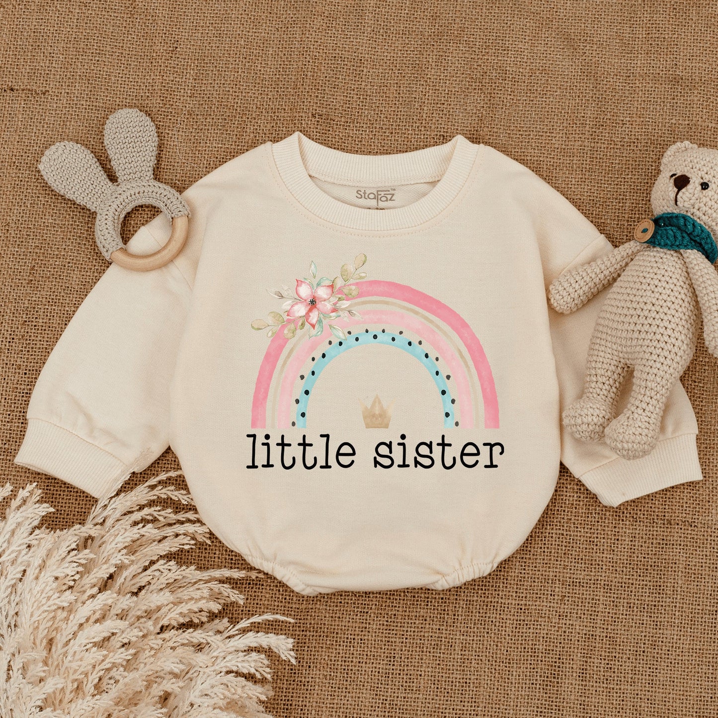Sweet Little Sister Baby Bodysuit Rainbow Design Infant Romper Pregnancy Reveal Sister Gift Coming Home Outfit