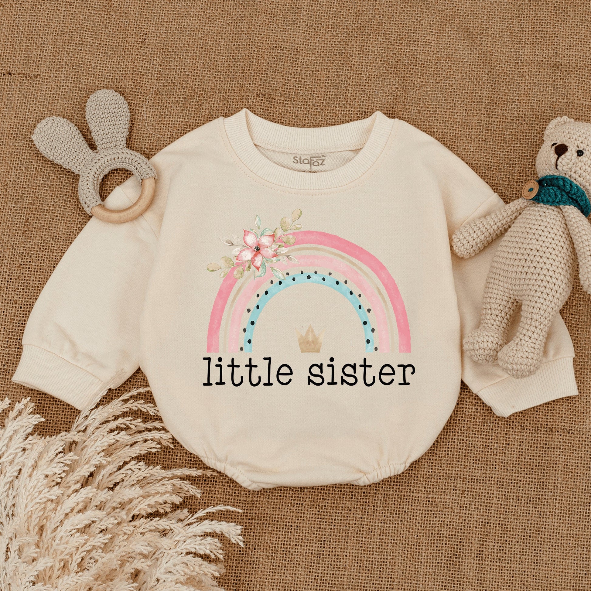 Sweet Little Sister Baby Bodysuit Rainbow Design Infant Romper Pregnancy Reveal Sister Gift Coming Home Outfit