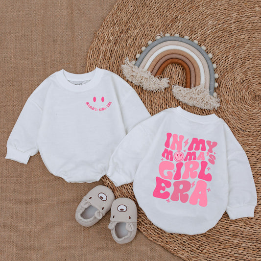 Mama's Girl Era Romper Baby Girl Outfit with Pink Retro Design, Smiling Face, Star Graphics, Baby Shower Gift