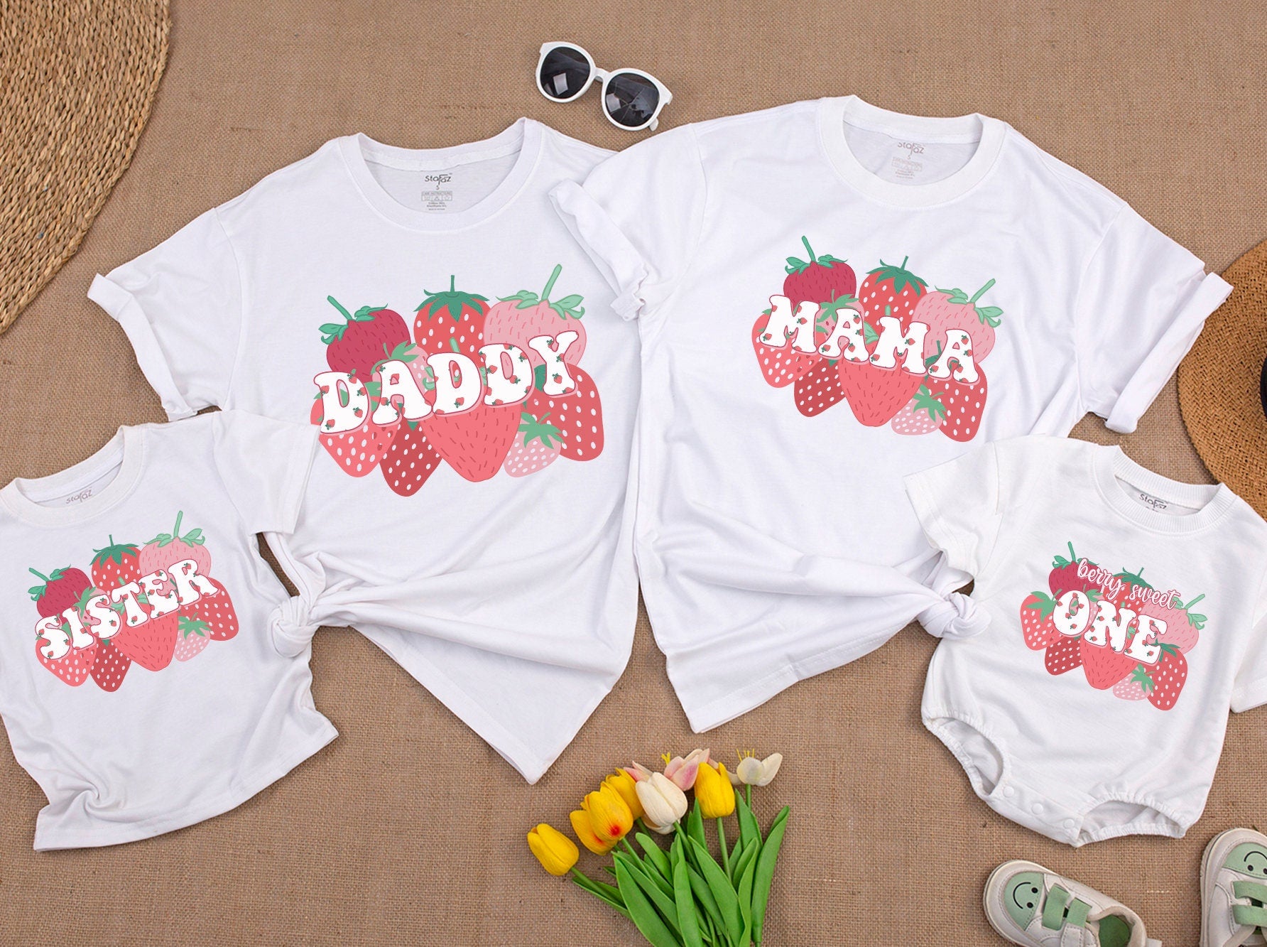 Sweet One Berry First Birthday Family Matching Shirts Strawberry 1st Birthday Party Outfit Mommy and Me Mama Daddy Tee Soft Cotton Gift