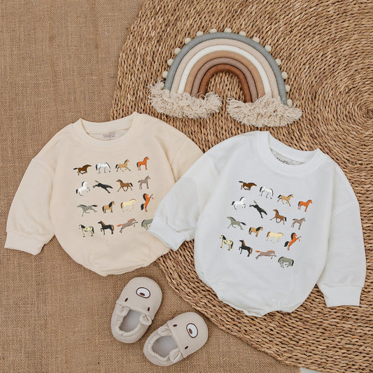 Cute Horse Farm Baby Romper Minimalist Country Bubble Bodysuit Newborn Infant Outfit Farm Animal Design Soft Cotton Comfortable Casual Gift
