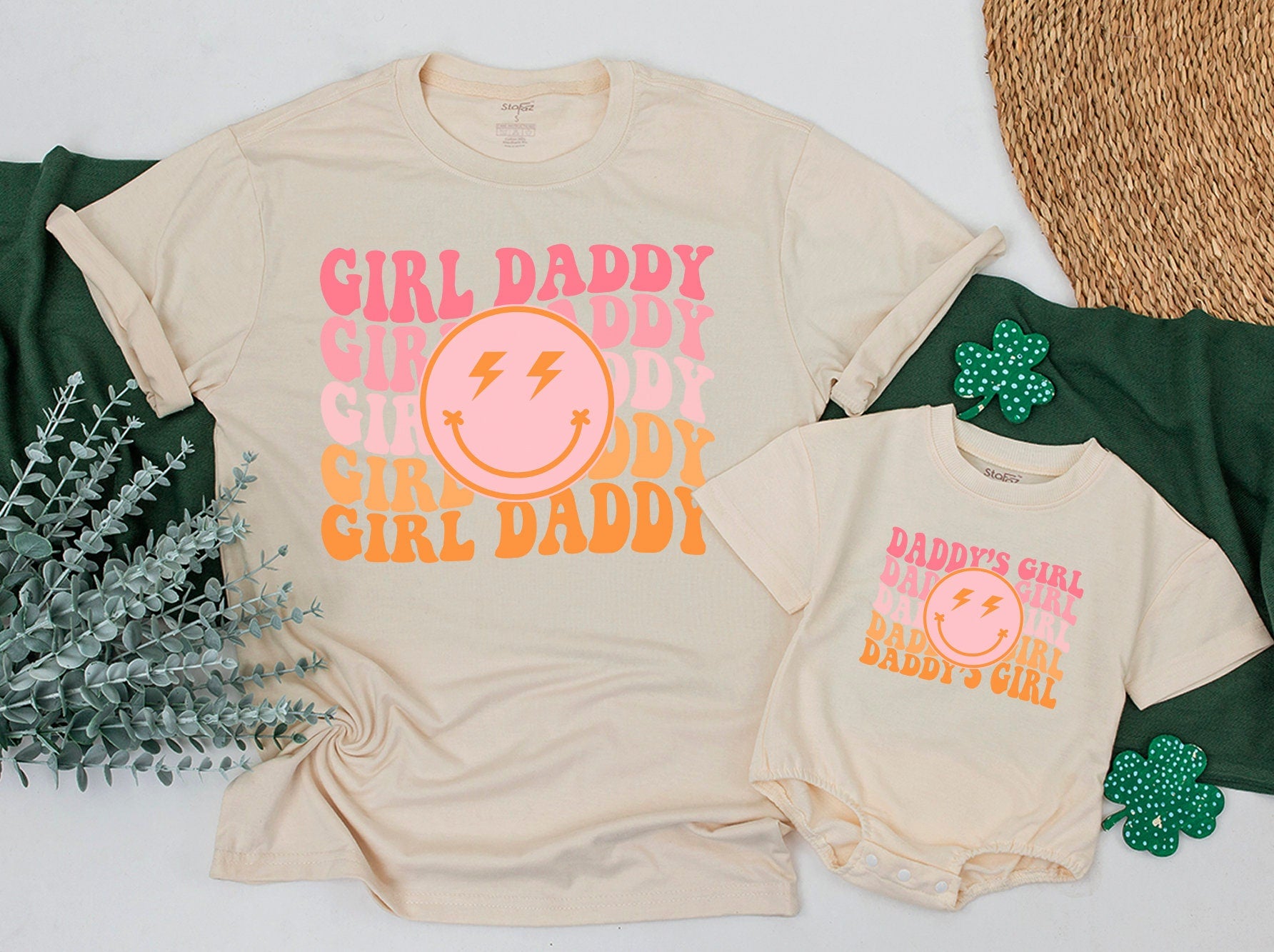 Personalized Girl Daddy Daddy's Girl Matching T-shirt and Romper Pink Orange Retro Smiley Face Family Outfits Soft Comfortable Cotton Gift