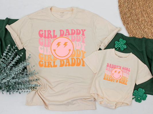 Personalized Girl Daddy Daddy's Girl Matching T-shirt and Romper Pink Orange Retro Smiley Face Family Outfits Soft Comfortable Cotton Gift