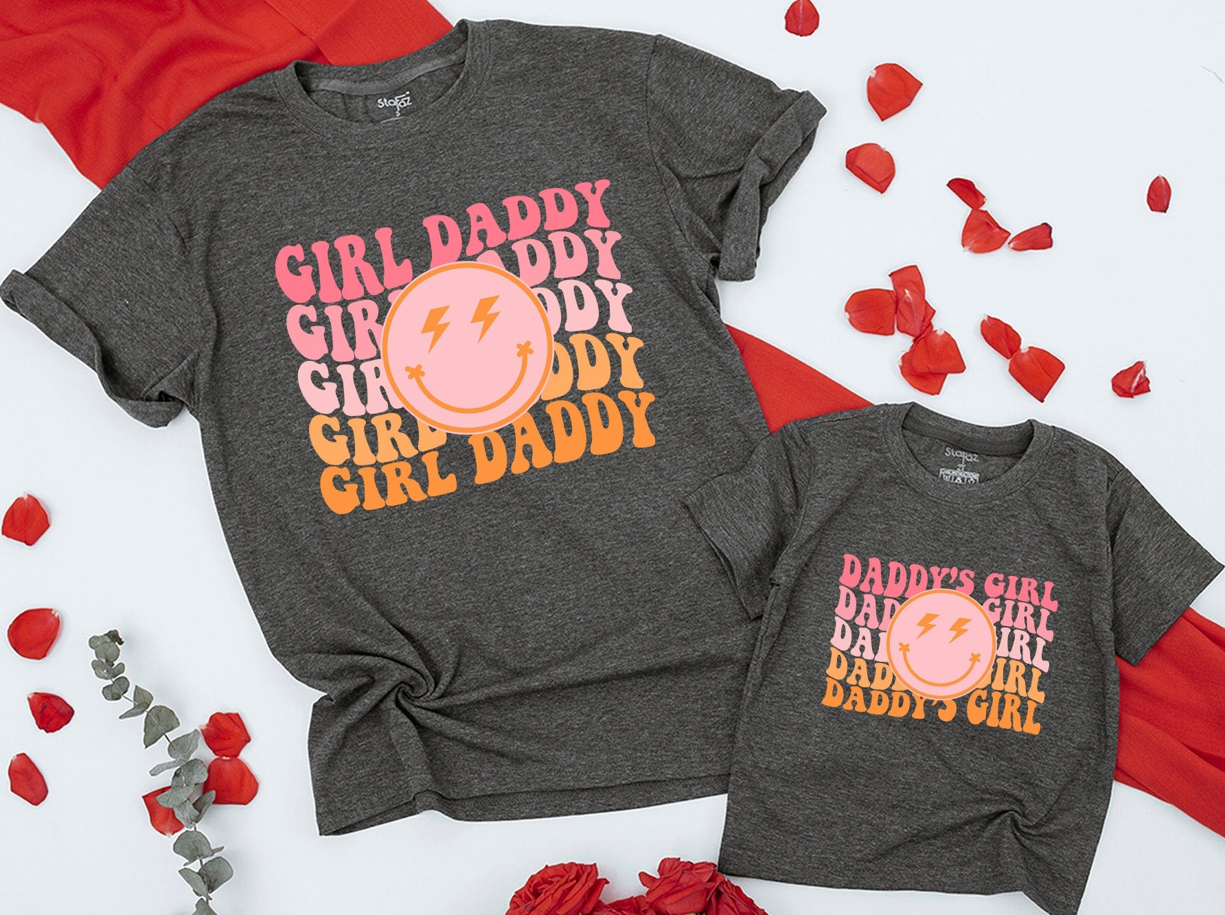Personalized Girl Daddy Daddy's Girl Matching T-shirt and Romper Pink Orange Retro Smiley Face Family Outfits Soft Comfortable Cotton Gift