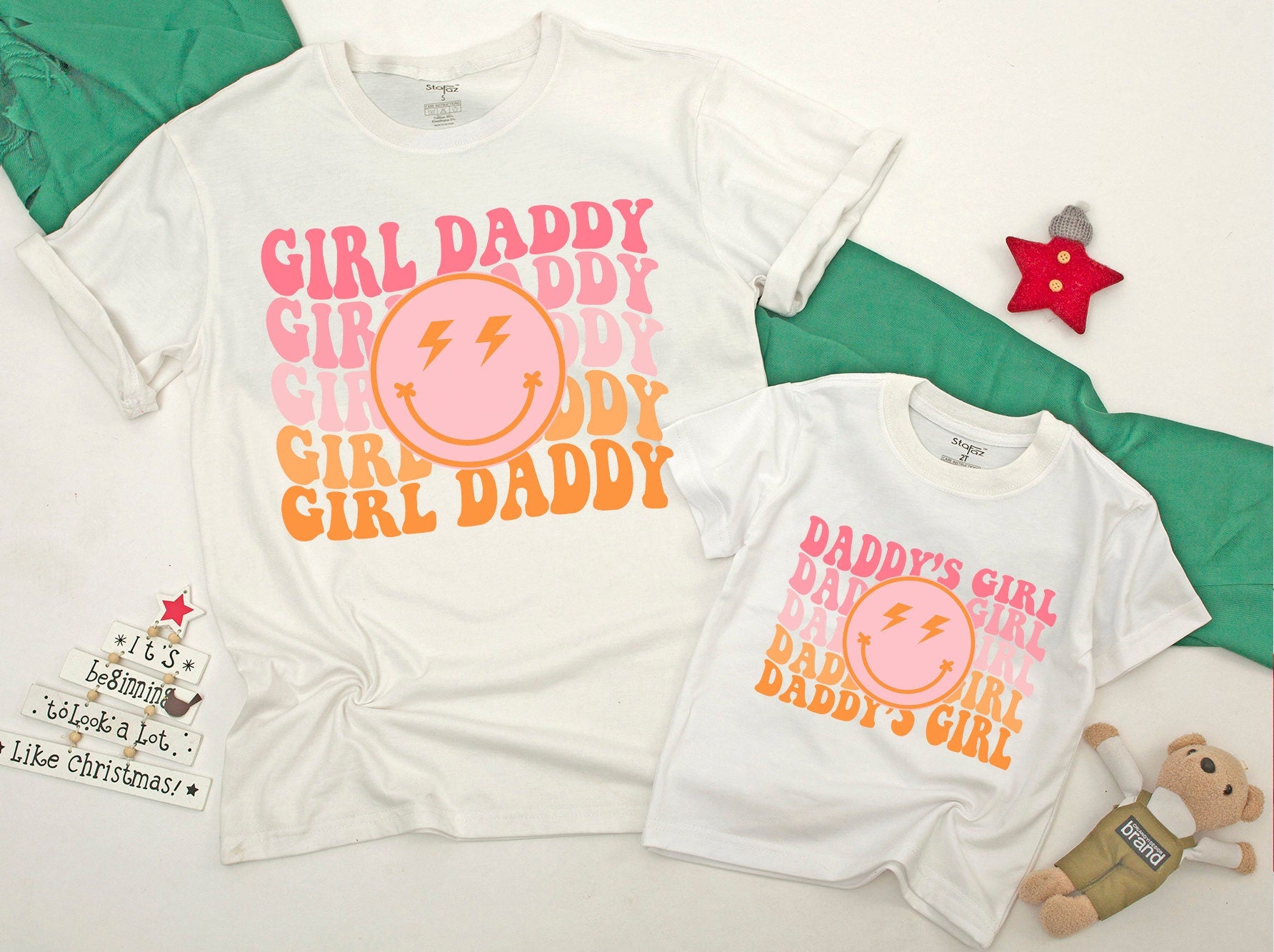 Personalized Girl Daddy Daddy's Girl Matching T-shirt and Romper Pink Orange Retro Smiley Face Family Outfits Soft Comfortable Cotton Gift