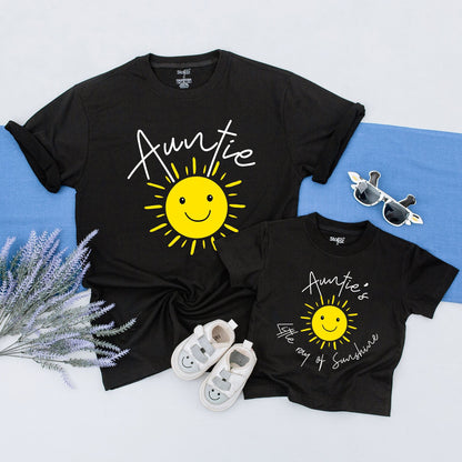 Matching Auntie & Little Ray of Sunshine Shirts Yellow Smiling Sun Apparel Cheerful Family Niece Nephew Toddler Gift Hand-Drawn Design Set