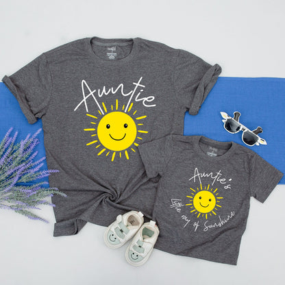 Matching Auntie & Little Ray of Sunshine Shirts Yellow Smiling Sun Apparel Cheerful Family Niece Nephew Toddler Gift Hand-Drawn Design Set