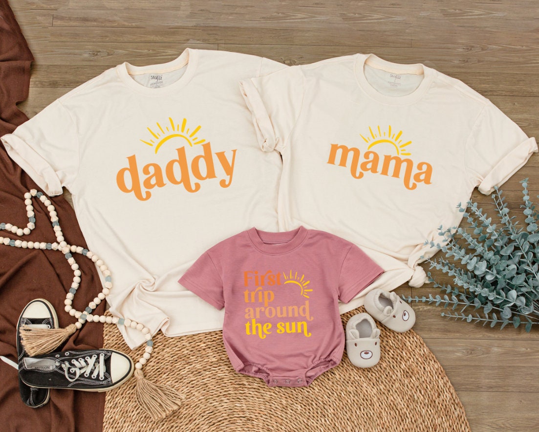 First Trip Around The Sun Birthday Outfit for Baby Boy Girl, Boho Sunshine Mommy and Me Shirts for First Birthday Party Celebration