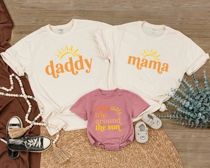 First Trip Around The Sun Birthday Outfit for Baby Boy Girl, Boho Sunshine Mommy and Me Shirts for First Birthday Party Celebration