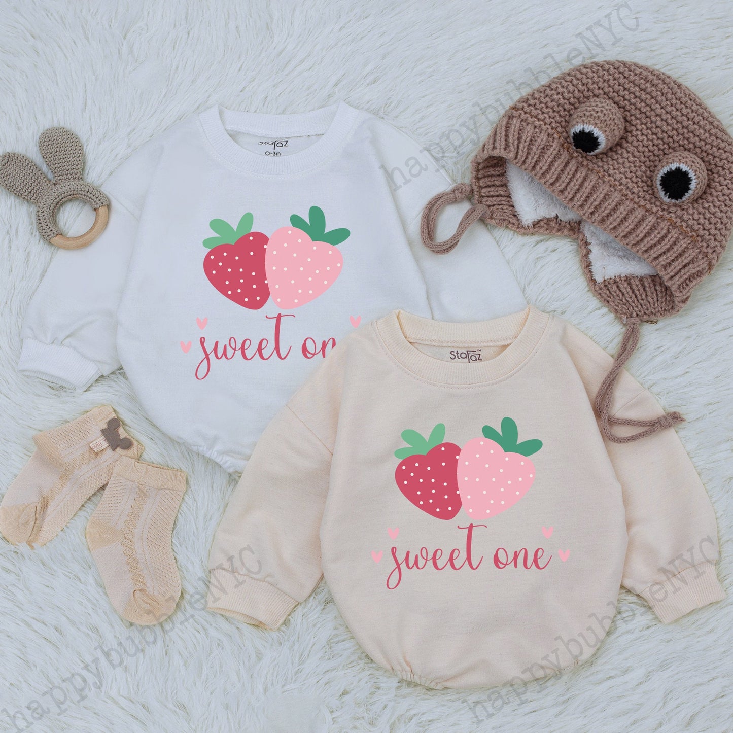 Sweet One Strawberry Baby Girl First Birthday Bubble Romper Adorable 1st Birthday Bodysuit Pink Dots Playful Infant Outfit Celebration
