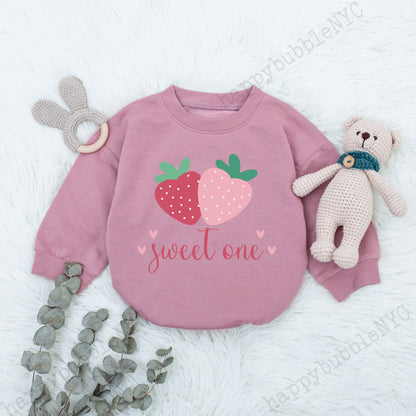 Sweet One Strawberry Baby Girl First Birthday Bubble Romper Adorable 1st Birthday Bodysuit Pink Dots Playful Infant Outfit Celebration