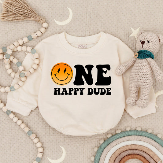 One Happy Dude 1st Birthday Romper Smiley Face Outfit Cool Baby Boy Clothes Family Matching First Birthday Party Gift