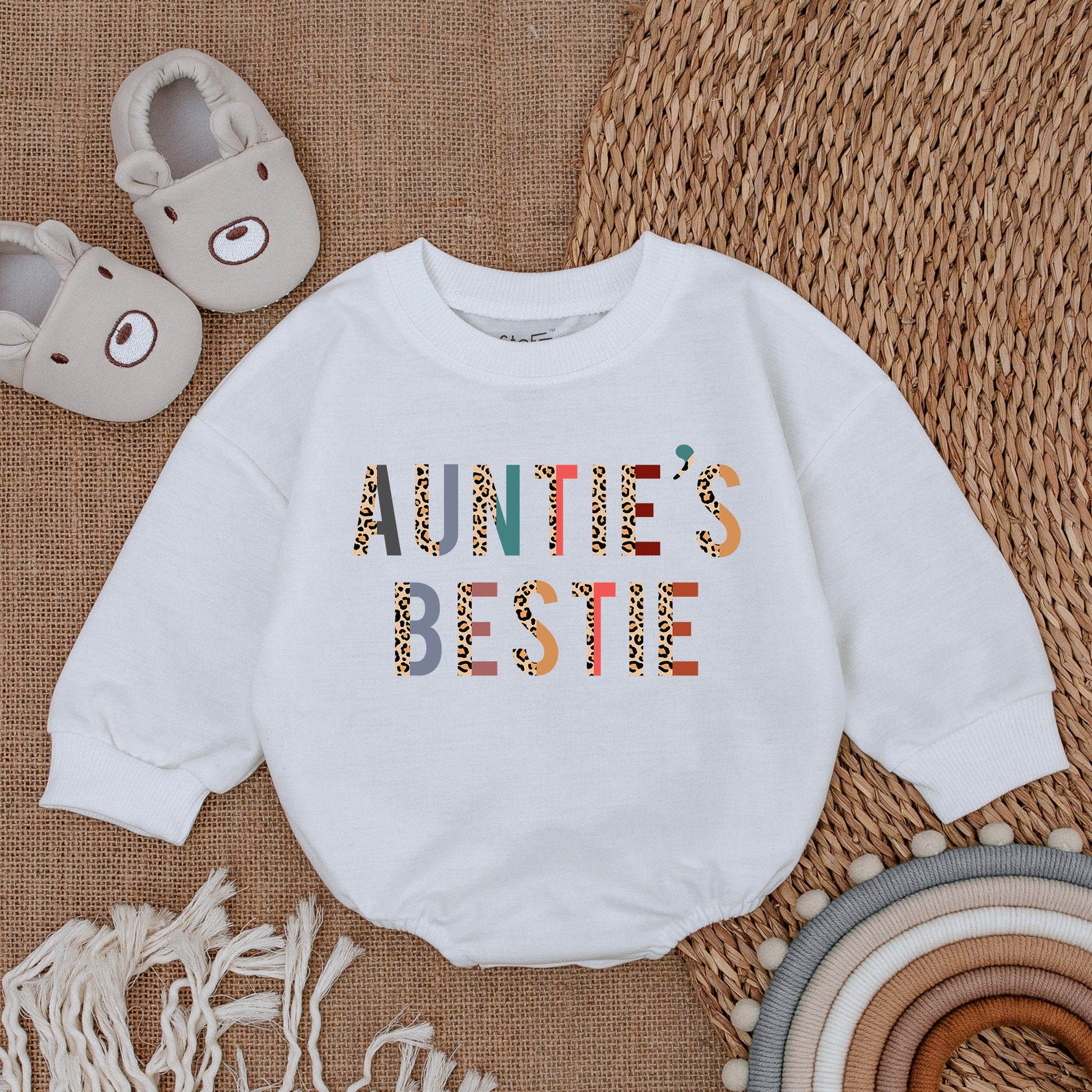 Auntie's Bestie Baby Romper - Colorful Leopard Print Newborn Outfit, Cute Gift from Aunt, Soft Cotton Bodysuit for Baby Girl or Boy, Shower Gift 138
