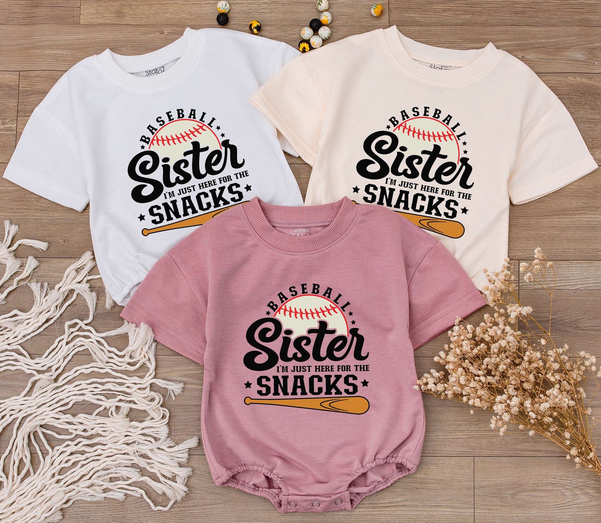Baseball Sister Romper: I'm Just Here for the Snacks! Cute Baby Girl Game Day Outfit, Sporty Tee, Baseball Season Toddler Clothes (Black, White & Orange) 