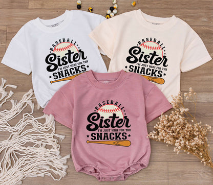 Baseball Sister Romper: I'm Just Here for the Snacks! Cute Baby Girl Game Day Outfit, Sporty Tee, Baseball Season Toddler Clothes (Black, White & Orange) 
