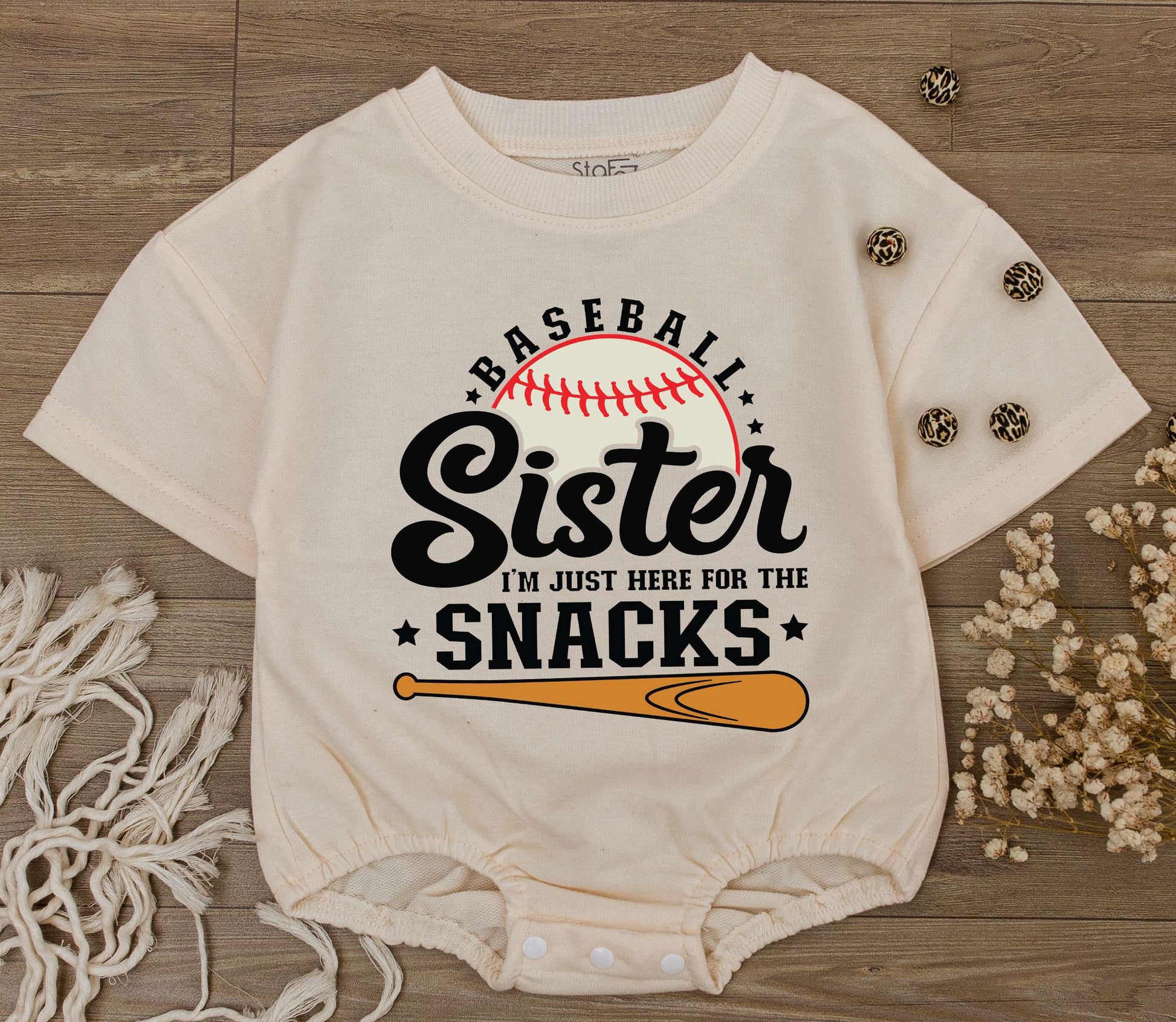 Baseball Sister Romper: I'm Just Here for the Snacks! Cute Baby Girl Game Day Outfit, Sporty Tee, Baseball Season Toddler Clothes (Black, White & Orange) 
