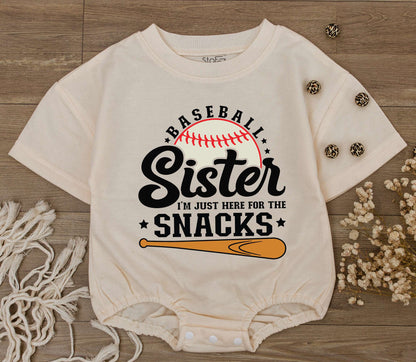 Baseball Sister Romper: I'm Just Here for the Snacks! Cute Baby Girl Game Day Outfit, Sporty Tee, Baseball Season Toddler Clothes (Black, White & Orange) 
