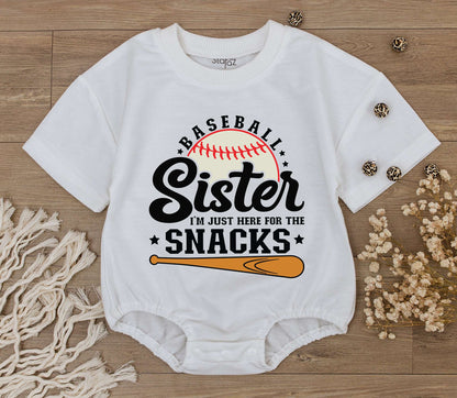 Baseball Sister Romper: I'm Just Here for the Snacks! Cute Baby Girl Game Day Outfit, Sporty Tee, Baseball Season Toddler Clothes (Black, White & Orange) 