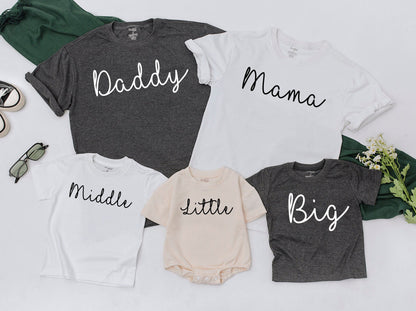 Big Middle Little Sibling Shirts Matching Family Tees for Daddy Mama Announcement Baby Romper Toddler Outfit Biggest