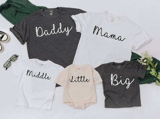 Big Middle Little Sibling Shirts Matching Family Tees for Daddy Mama Announcement Baby Romper Toddler Outfit Biggest