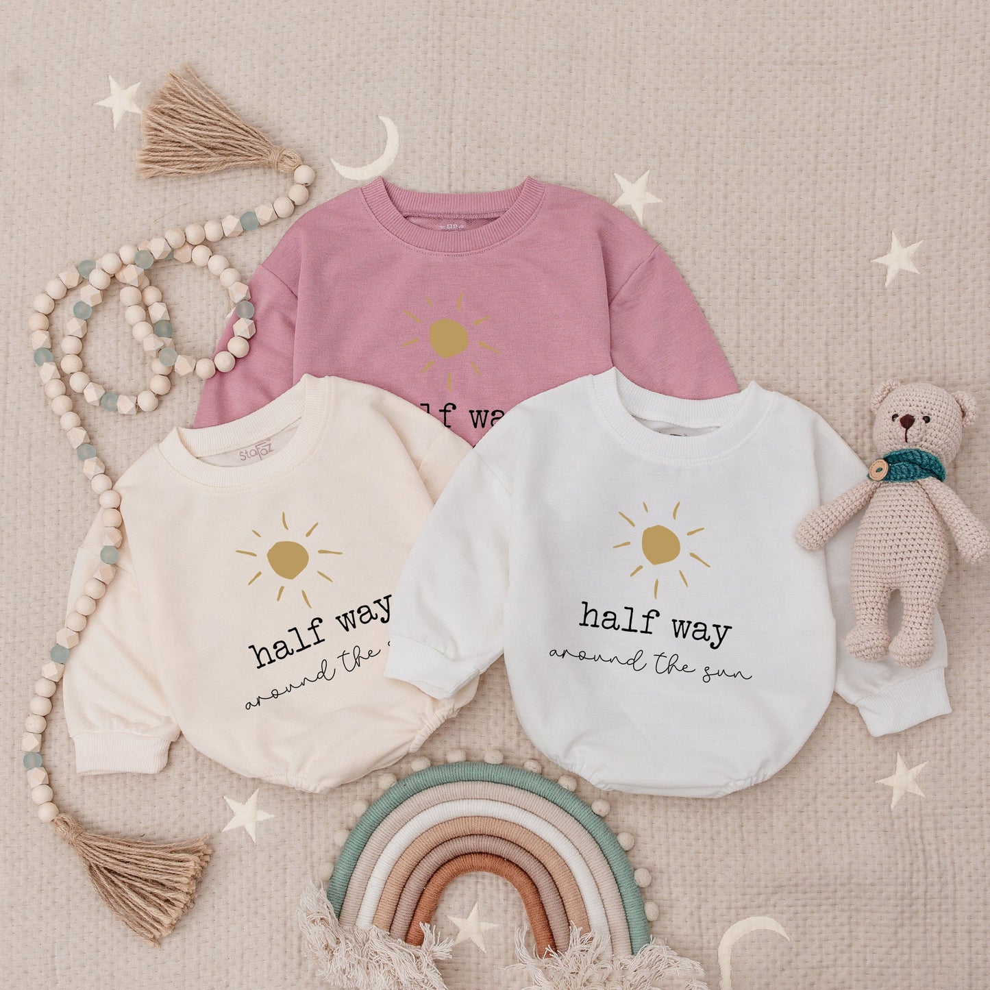 Half Way To One Birthday Romper for Girl or Boy Fun Party Outfit 1/2 Way Around the Sun Bodysuit Cute First Celebration Comfortable Gift