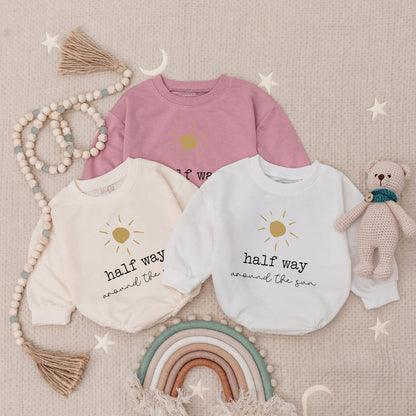 Half Way To One Birthday Romper for Girl or Boy Fun Party Outfit 1/2 Way Around the Sun Bodysuit Cute First Celebration Comfortable Gift