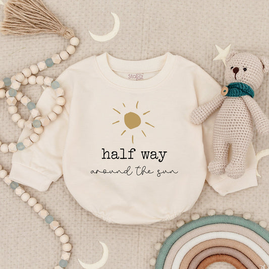 Half Way To One Birthday Romper for Girl or Boy Fun Party Outfit 1/2 Way Around the Sun Bodysuit Cute First Celebration Comfortable Gift