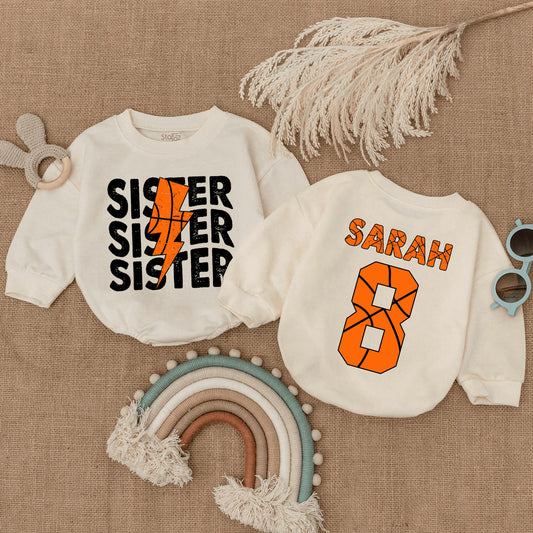 Custom Basketball Sister Romper Little Kid Basketball Sis Baby Bodysuit Brother Game Day Gift