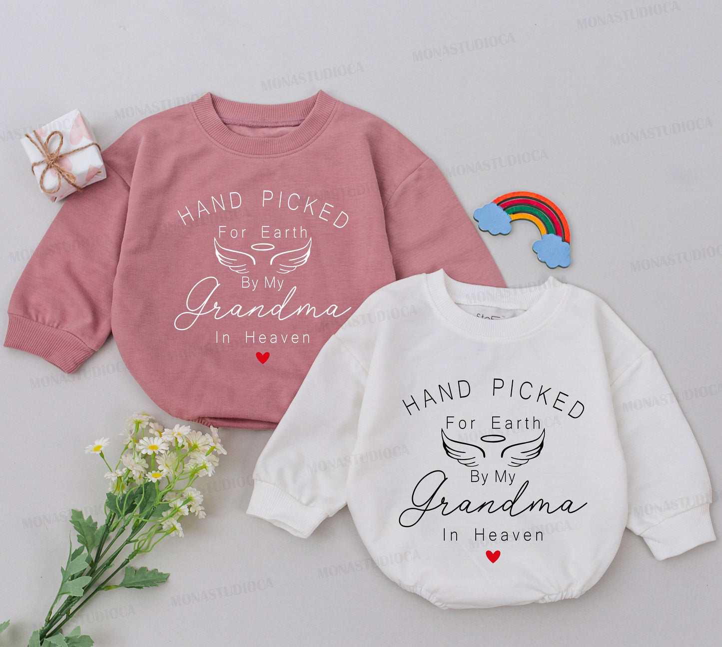 Hand Picked For Earth By My Grandma In Heaven Baby Romper, Touching Memorial Infant Outfit Baby Shower Gift Newborn Announcement Bodysuit Coming Home Clothes