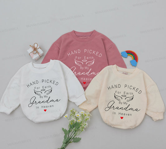 Hand Picked For Earth By My Grandma In Heaven Baby Romper, Touching Memorial Infant Outfit Baby Shower Gift Newborn Announcement Bodysuit Coming Home Clothes